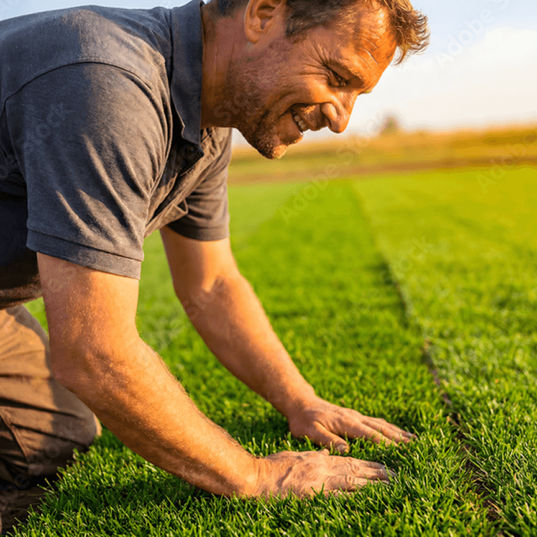 Smiling groundskeeper kneeling to inspect rows of turf grass in a sunlit field