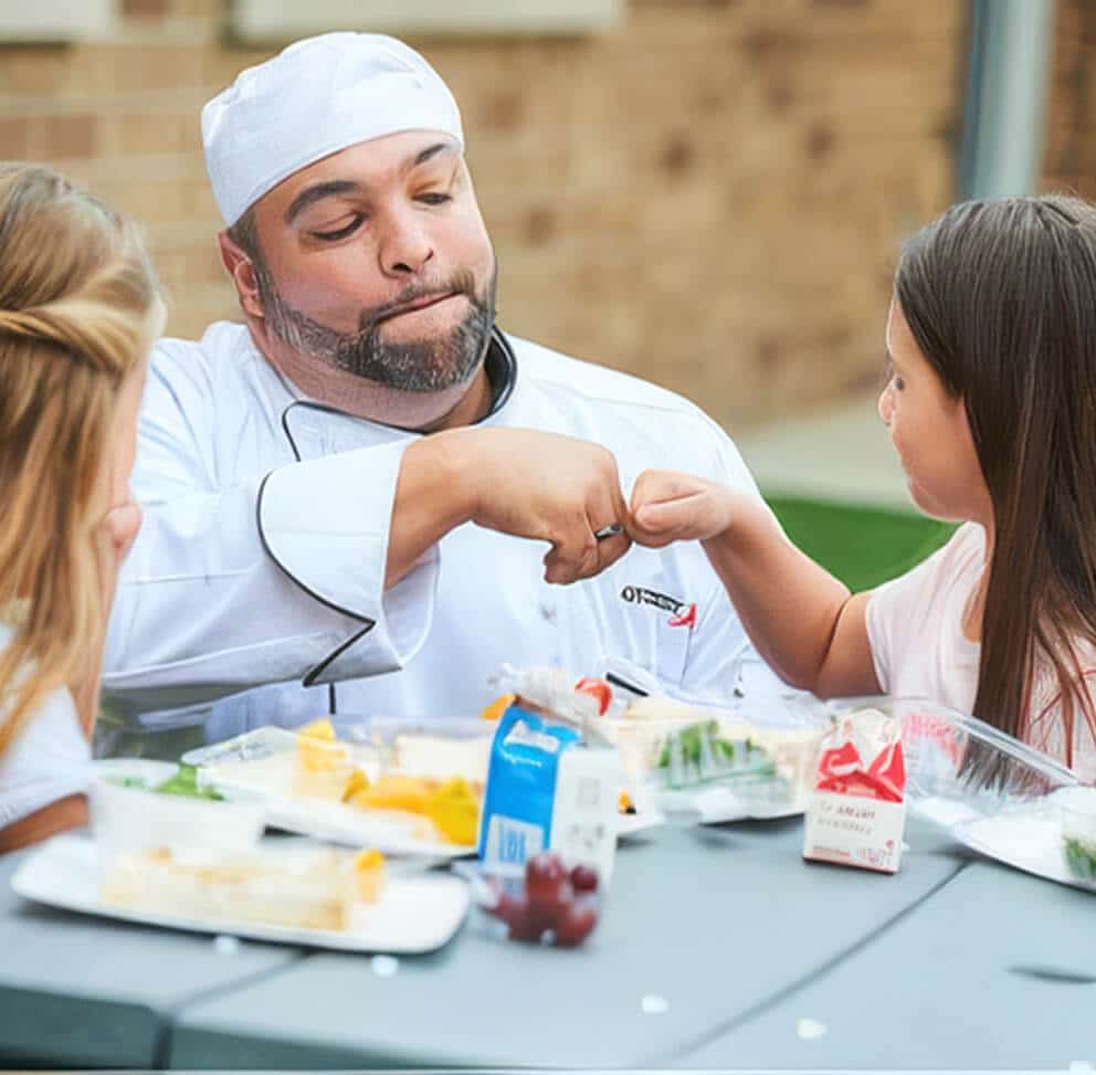 A school food service worker in chef whites fist-bumping a young student over a table of packaged lunches